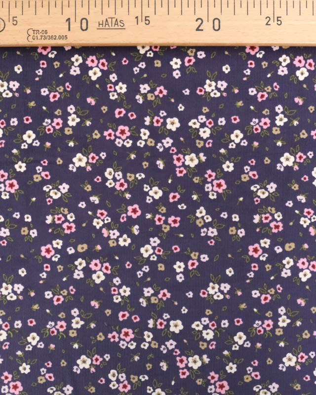 Tissu Velours Milleraies Bleu Marine Petites Fleurs Roses - Mercerine