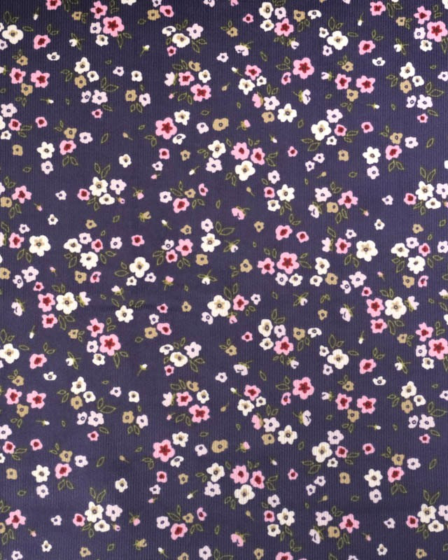 Tissu Velours Milleraies Bleu Marine Petites Fleurs Roses - Mercerine