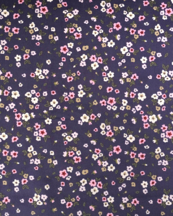 Tissu Velours Milleraies Bleu Marine Petites Fleurs Roses - Mercerine