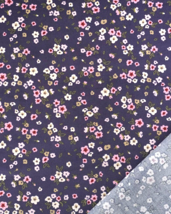 Tissu Velours Milleraies Bleu Marine Petites Fleurs Roses - Mercerine