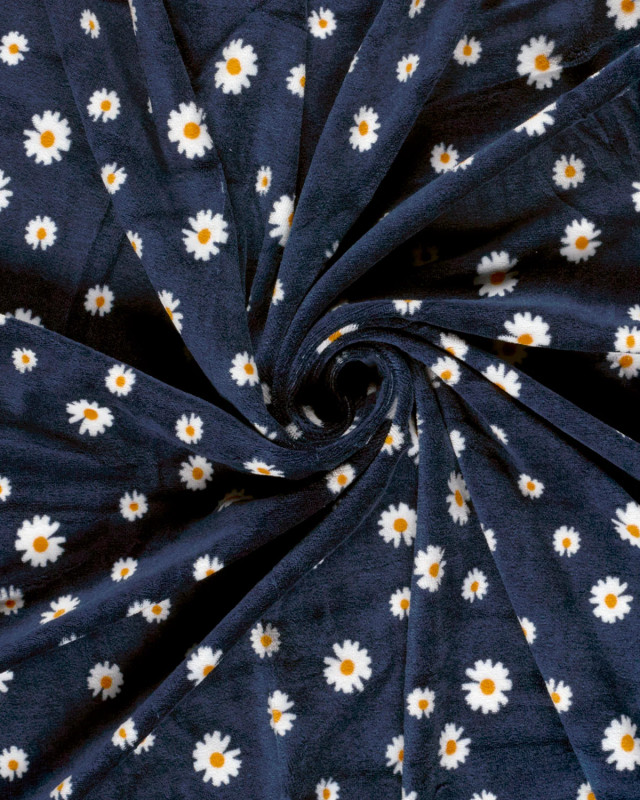 Tissu Nicky Velours  Bleu Marine Marguerite - Mercerine