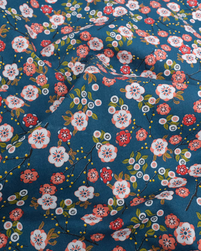Tissu Percale de Coton Pétrole Motif Fleuri Japonisant - Mercerine