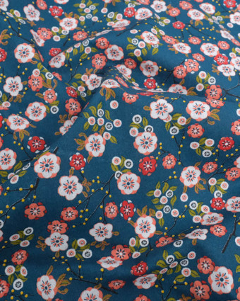 Tissu Percale de Coton Pétrole Motif Fleuri Japonisant - Mercerine
