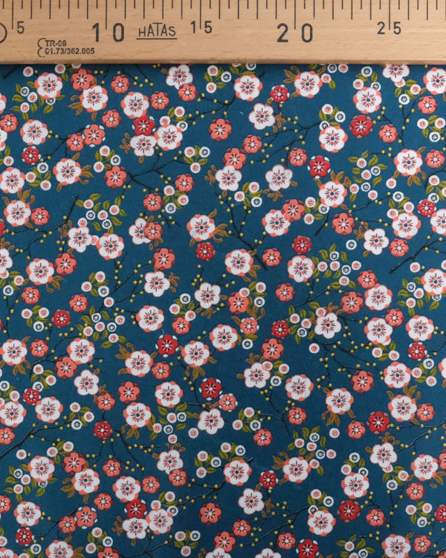 Tissu Percale de Coton Pétrole Motif Fleuri Japonisant - Mercerine