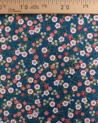Tissu Percale de Coton Pétrole Motif Fleuri Japonisant - Mercerine