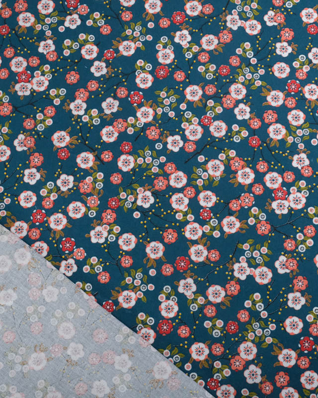 Tissu Percale de Coton Pétrole Motif Fleuri Japonisant - Mercerine