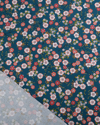 Tissu Percale de Coton Pétrole Motif Fleuri Japonisant - Mercerine