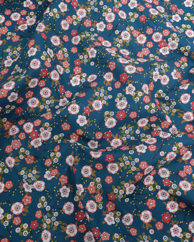 Tissu Percale de Coton Pétrole Motif Fleuri Japonisant - Mercerine