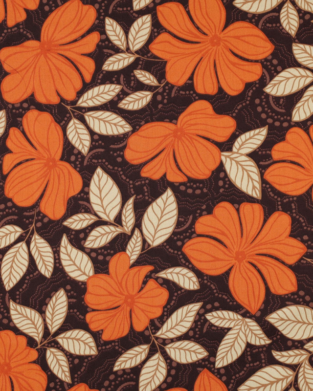 Satin de Coton Fleuri Marron et Orange - Mercerine
