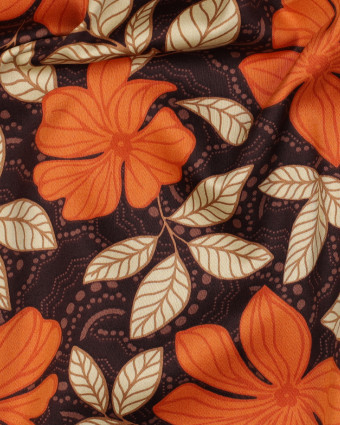 Satin de Coton Fleuri Marron et Orange - Mercerine
