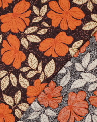 Satin de Coton Fleuri Marron et Orange - Mercerine