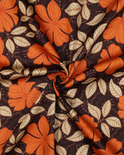 Satin de Coton Fleuri Marron et Orange - Mercerine