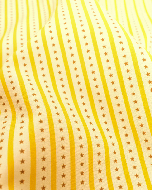Popeline de coton rayures et étoiles jaune | Mercerine