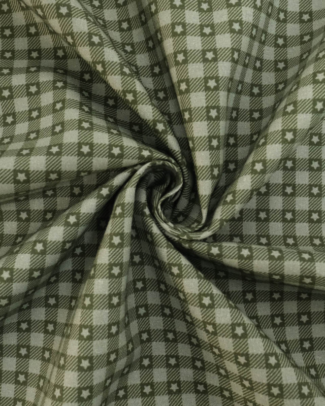 Popeline de coton vichy et étoiles Vert - Mercerine