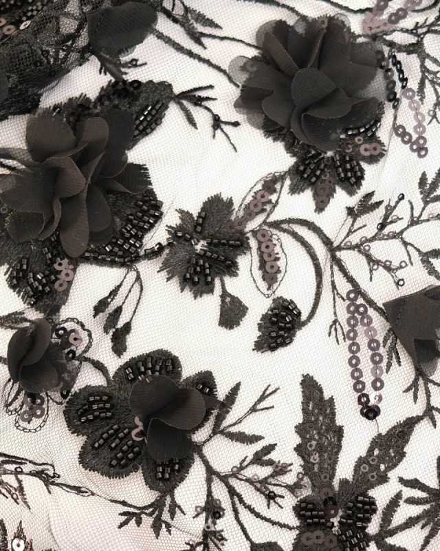 Tulle brodé noir à fleurs en relief - Mercerine