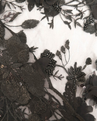 Tulle brodé noir à fleurs en relief - Mercerine