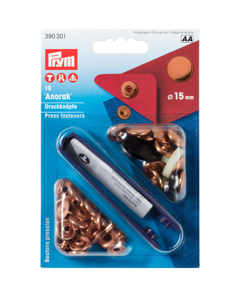 Boutons pression, cuivre- anorak - 15mm et outils de pose Prym 