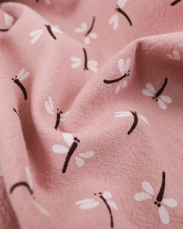 Libellules - Coton lavé - Tissu au metre - rose - Mercerine