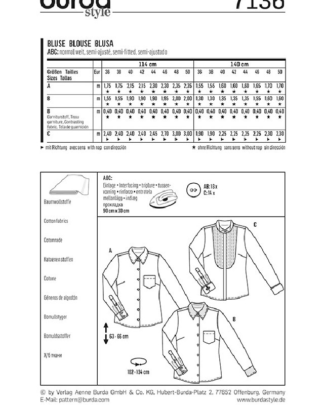 Patron de couture Chemisier,  - Burda 7136 - Mercerine