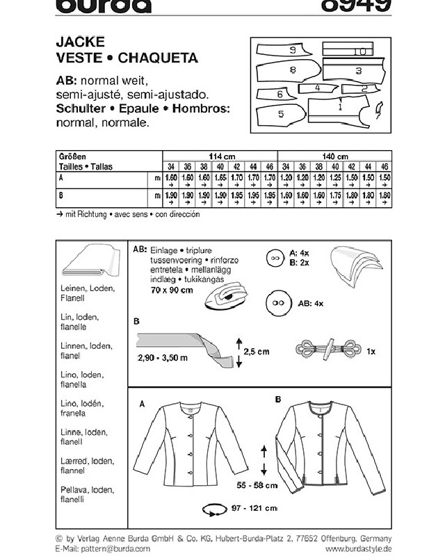 Patron de couture  Veste - Burda 8949 - Mercerine