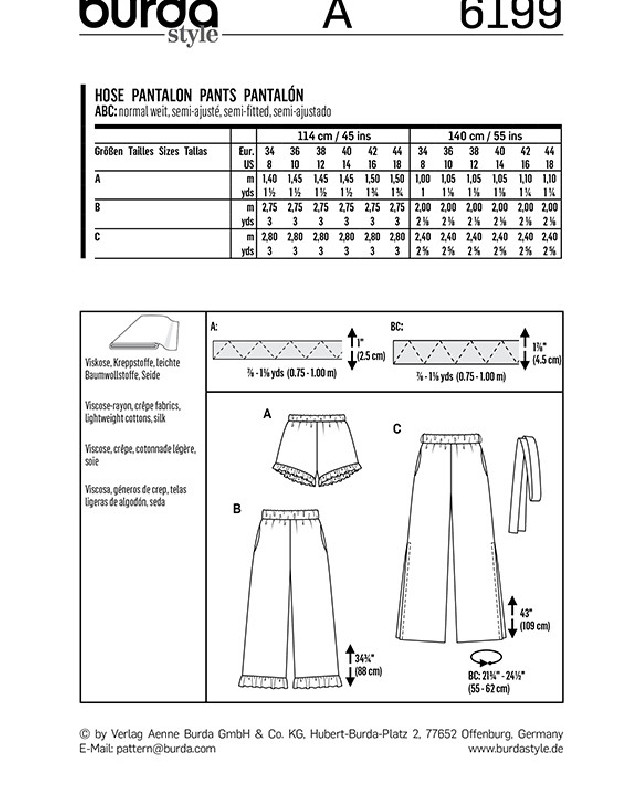 Patron Burda Pantalon léger  - Burda 6199 - Mercerine