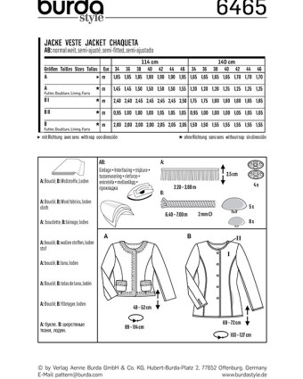 Patron de couture  Veste - Burda 6465 - Mercerine