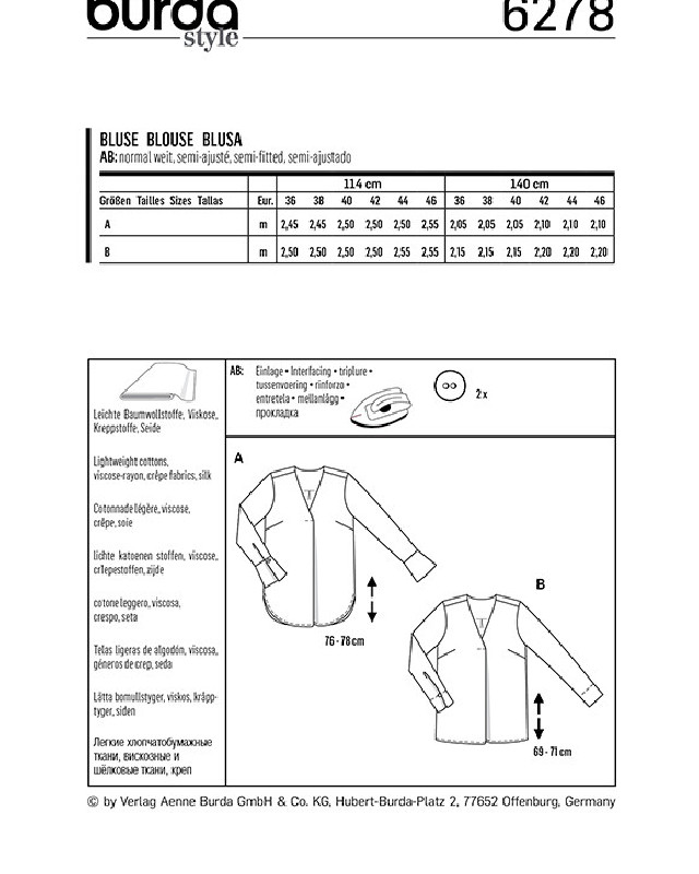 Patron Burda Blouse à longues  - Burda 6278 - Mercerine