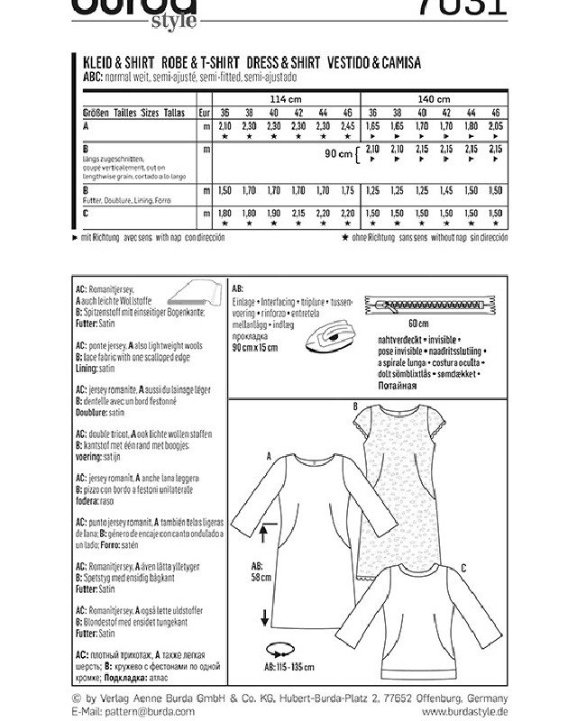 Patron de couture  Robe et t-shirt - Burda 7031 - Mercerine