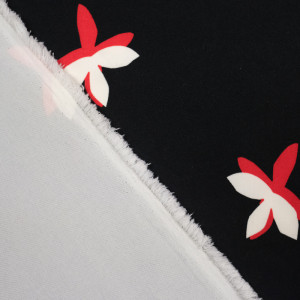 Tissu Extensible noir fleurs rouge blanc - 10cm -  Mercerine