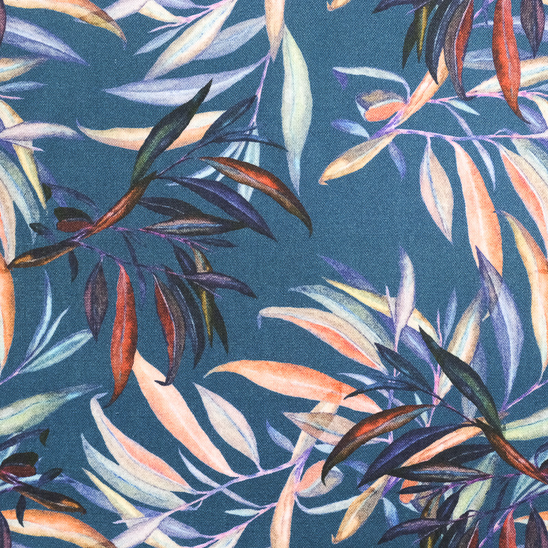 Coton imprimé bleu feuillages tropicales oekotex