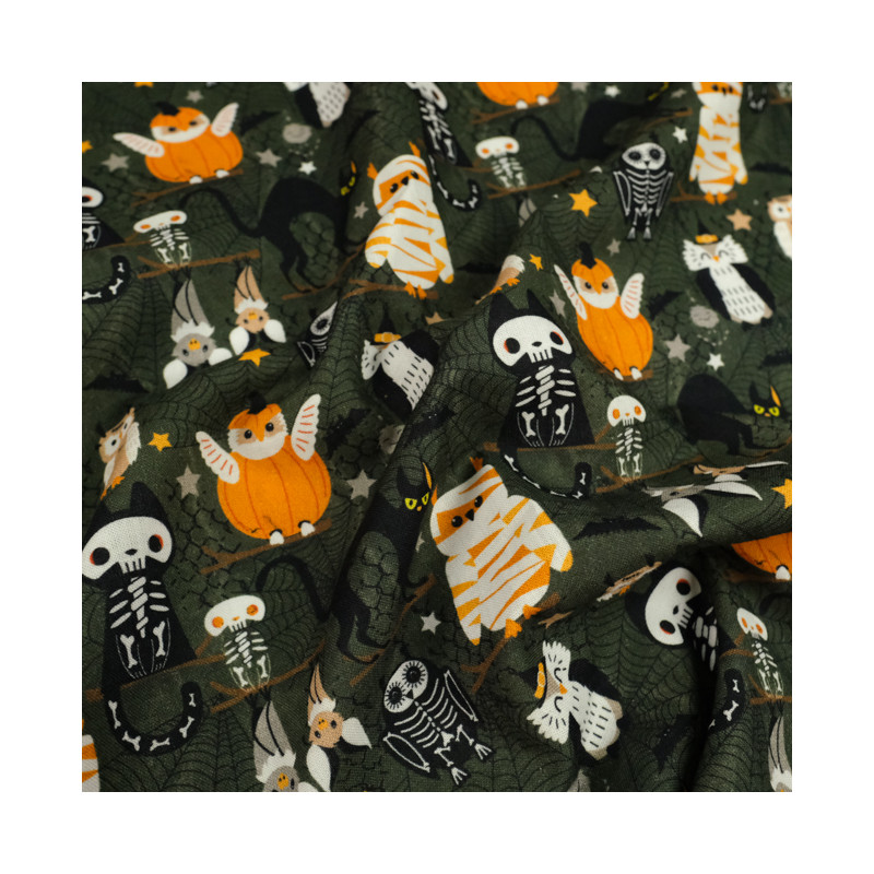 Tissu Coton Halloween kaki hibou Bio Oeko-tex - Mercerine